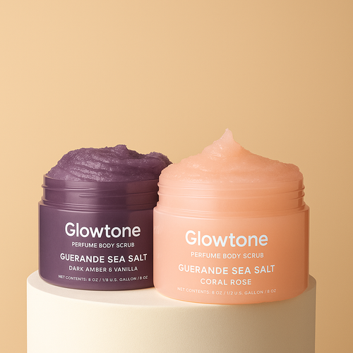 Glowtone Perfume Body Scrub Duo – Dark Amber & Vanilla + Coral Rose (Guerande Sea Salt)