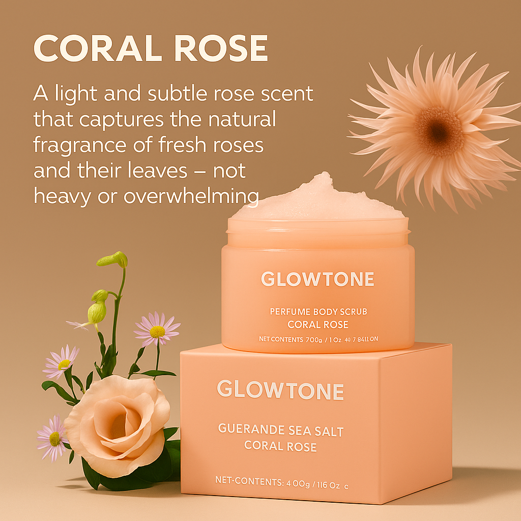 Glowtone Perfume Body Scrub Duo – Dark Amber & Vanilla + Coral Rose (Guerande Sea Salt)