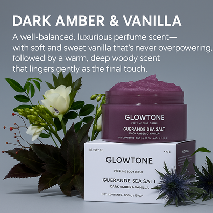 Glowtone Perfume Body Scrub Duo – Dark Amber & Vanilla + Coral Rose (Guerande Sea Salt)