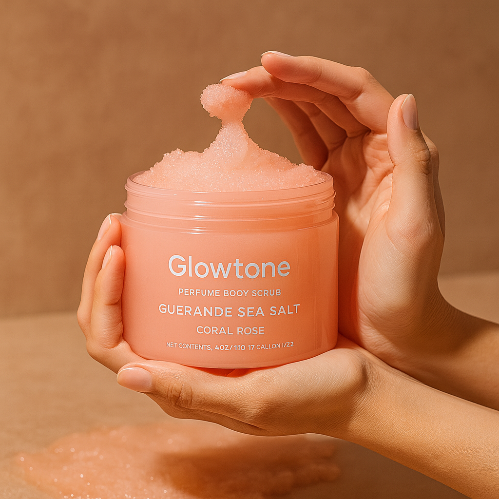 Glowtone Perfume Body Scrub Duo – Dark Amber & Vanilla + Coral Rose (Guerande Sea Salt)